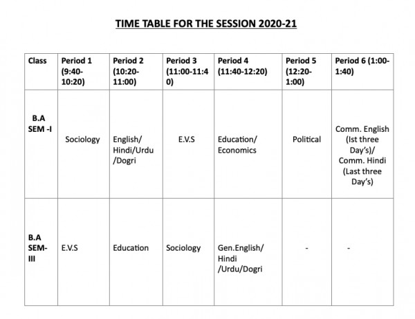 timetable for the session 2020-21